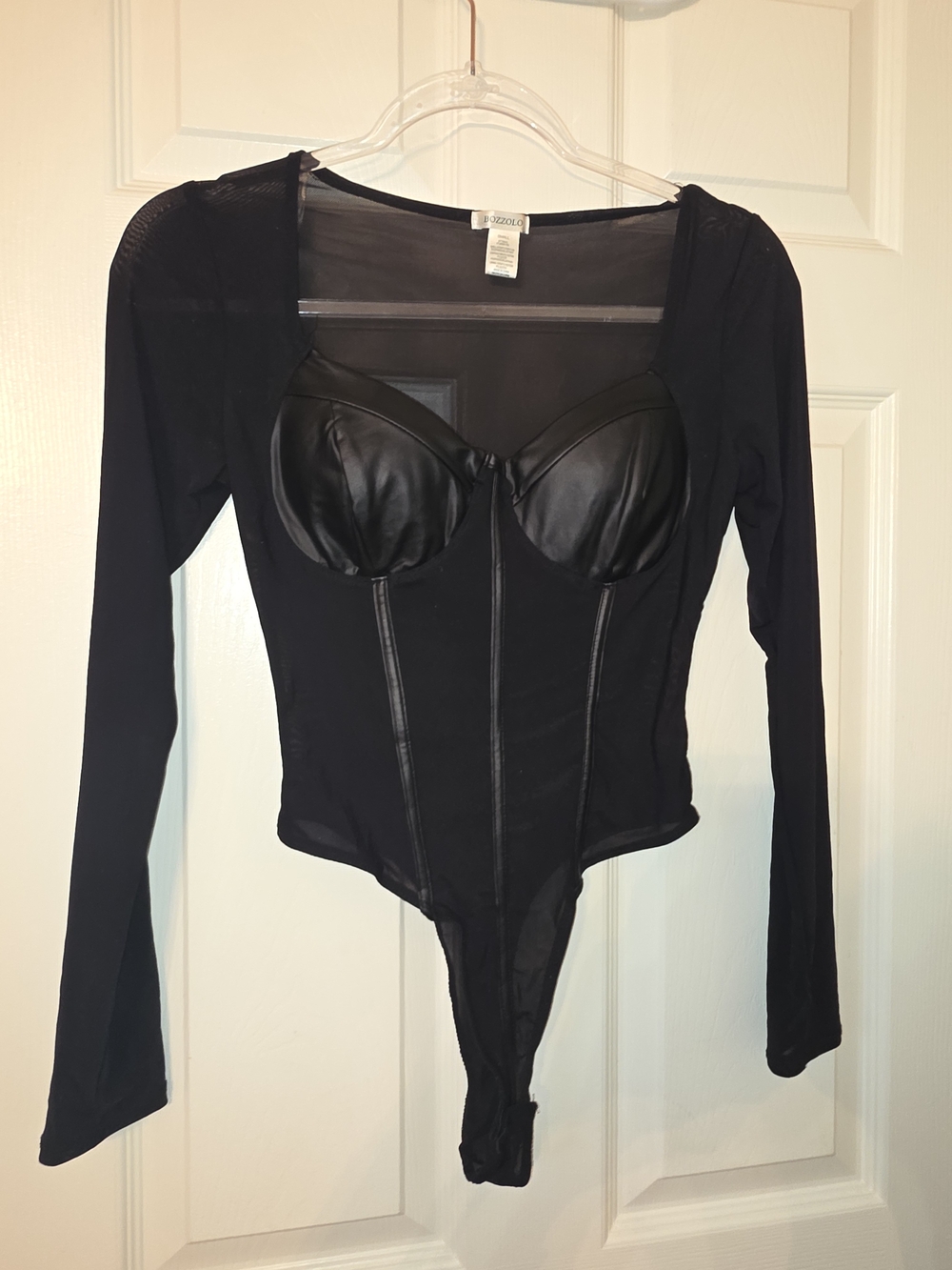 Bozzolo Black Faux-Leather Bustier Long-Sleeve Bodysuit